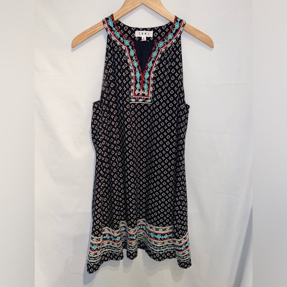 THML Womens Dress Navy Blue Geometric Embroidered Detail Sleeveless Medium Lined